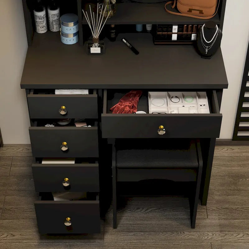 Coiffeuse avec miroir, tabouret et 5 tiroirs - Blanc/Rose/Noir - 80L x 40l x 132H