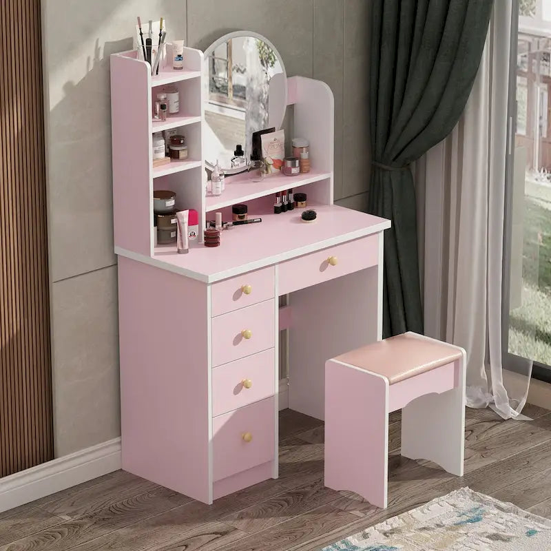 Coiffeuse avec miroir, tabouret et 5 tiroirs - Blanc/Rose/Noir - 80L x 40l x 132H
