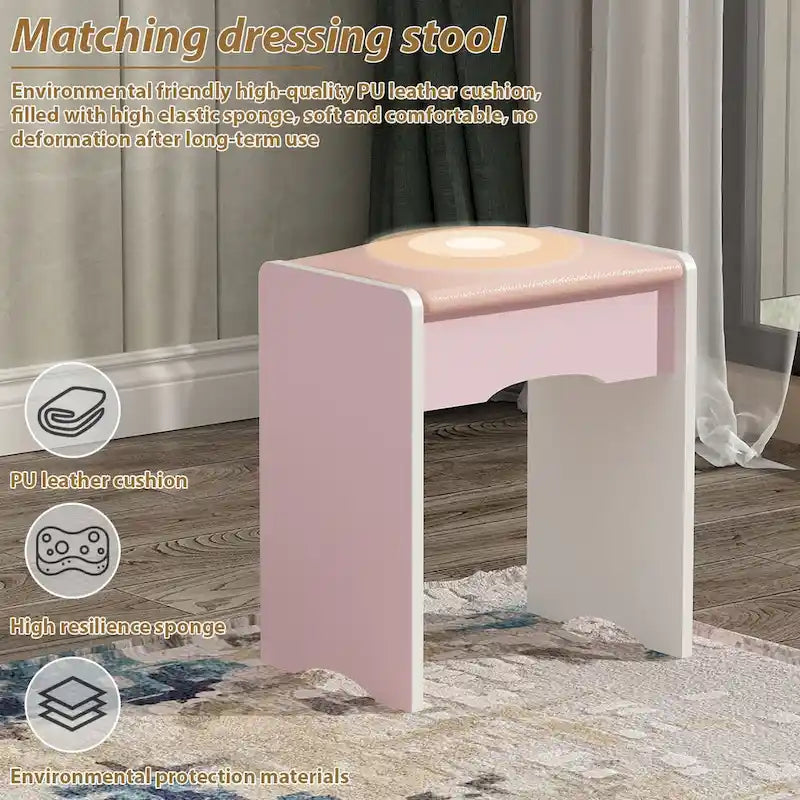 Coiffeuse avec miroir, tabouret et 5 tiroirs - Blanc/Rose/Noir - 80L x 40l x 132H