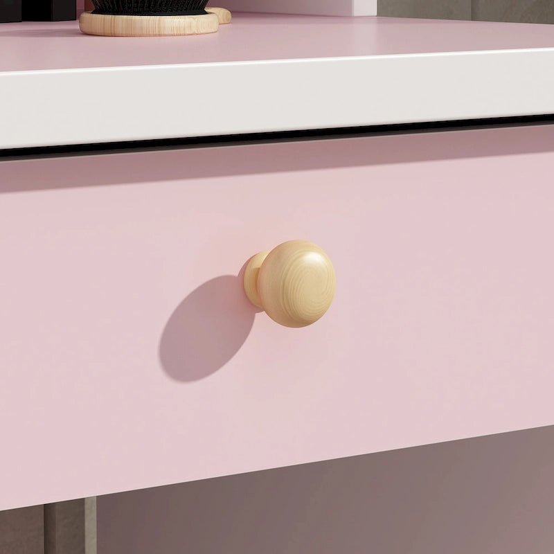 Coiffeuse avec miroir, tabouret et 5 tiroirs - Blanc/Rose/Noir - 80L x 40l x 132H