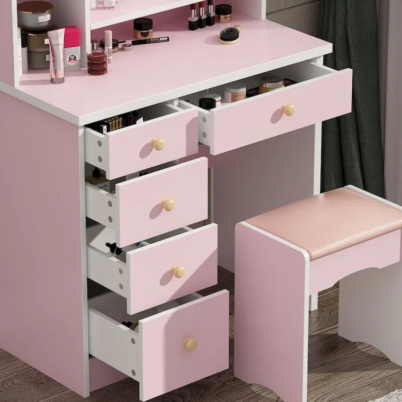 Coiffeuse avec miroir, tabouret et 5 tiroirs - Blanc/Rose/Noir - 80L x 40l x 132H