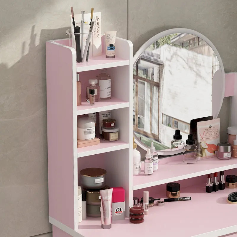 Coiffeuse avec miroir, tabouret et 5 tiroirs - Blanc/Rose/Noir - 80L x 40l x 132H