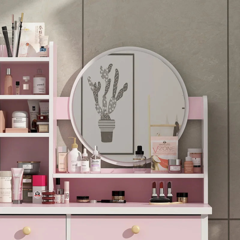 Coiffeuse avec miroir, tabouret et 5 tiroirs - Blanc/Rose/Noir - 80L x 40l x 132H