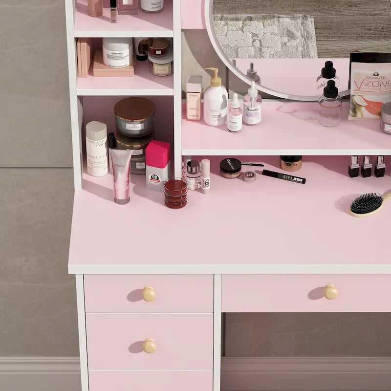 Coiffeuse avec miroir, tabouret et 5 tiroirs - Blanc/Rose/Noir - 80L x 40l x 132H
