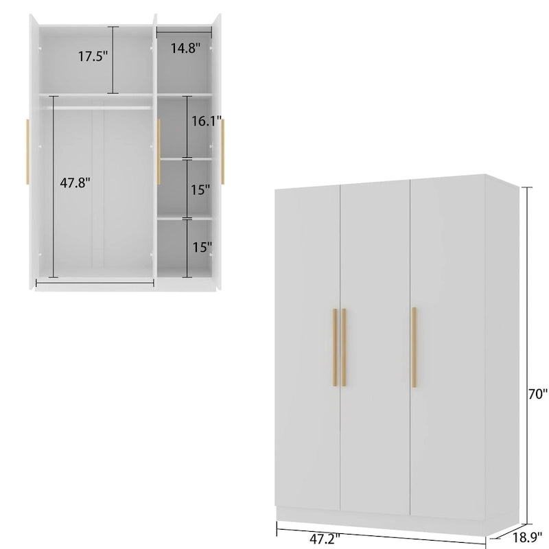 70. H x 47.2 W Armoire-penderie à trois portes en blanc Clo