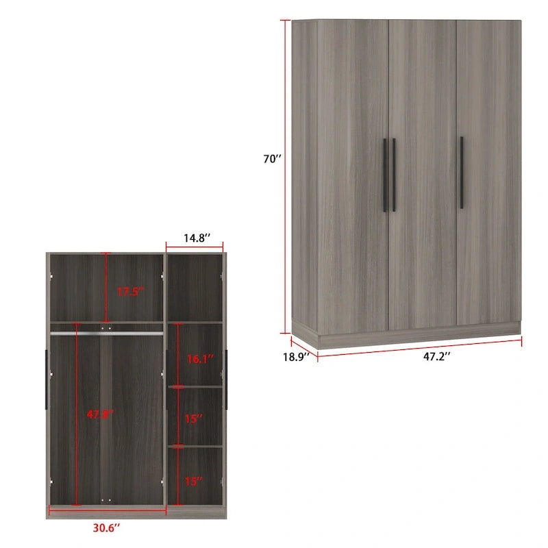 70. H x 47.2 W Armoire-penderie à trois portes en blanc Clo