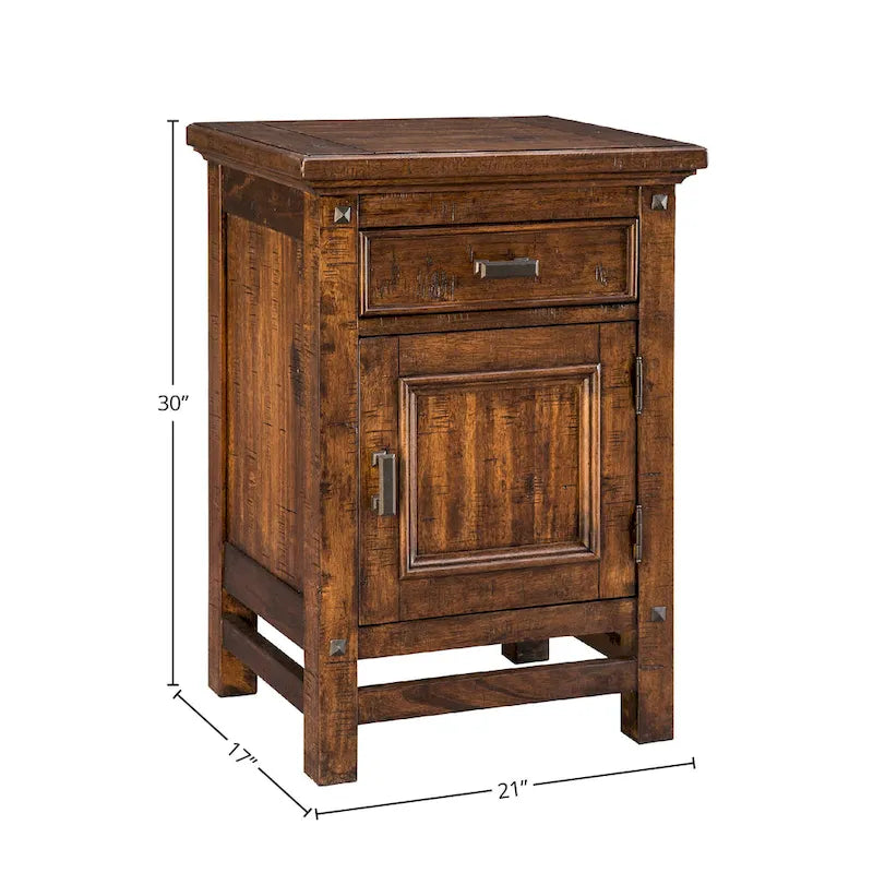 Table de chevet rustique vintage en acacia à 1 porte et 1 tiroir