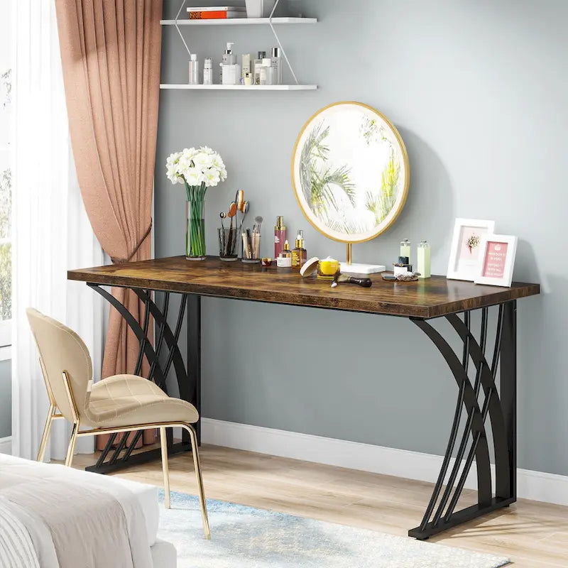 Bureau d'ordinateur moderne or/blanc, table à manger de 140 cm avec pieds dorés, coiffeuse, table de conférence