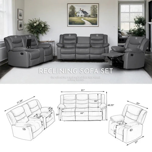 Canapé inclinable manuel 3 places en similicuir pour salon avec table rabattable et console