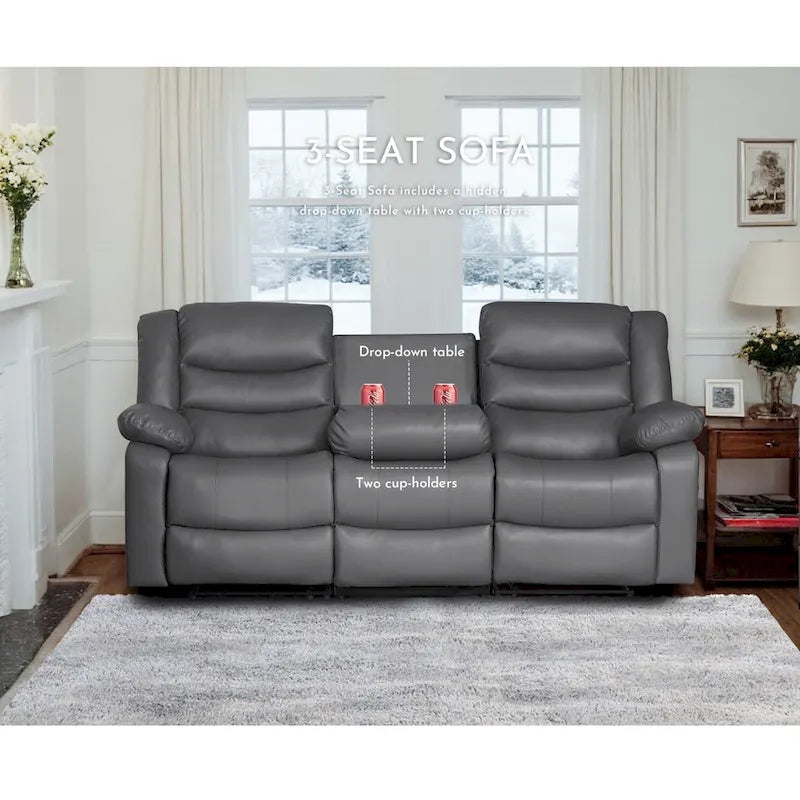 Canapé inclinable manuel 3 places en similicuir pour salon avec table rabattable et console