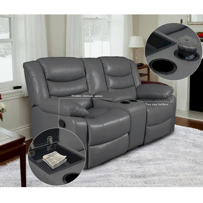 Canapé inclinable manuel 3 places en similicuir pour salon avec table rabattable et console