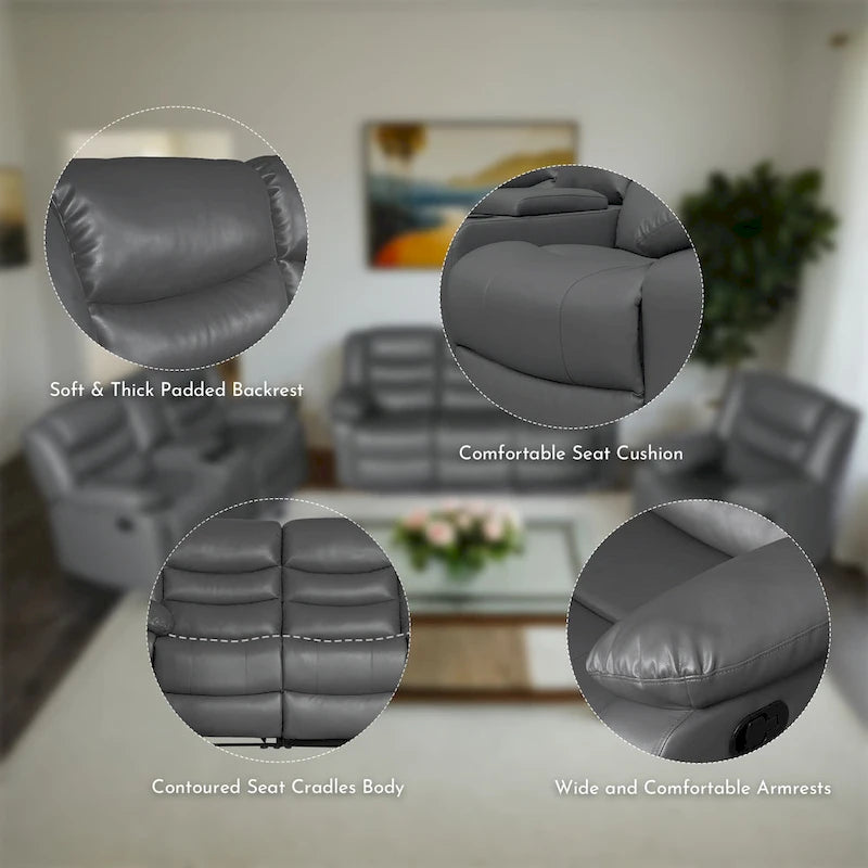 Canapé inclinable manuel 3 places en similicuir pour salon avec table rabattable et console
