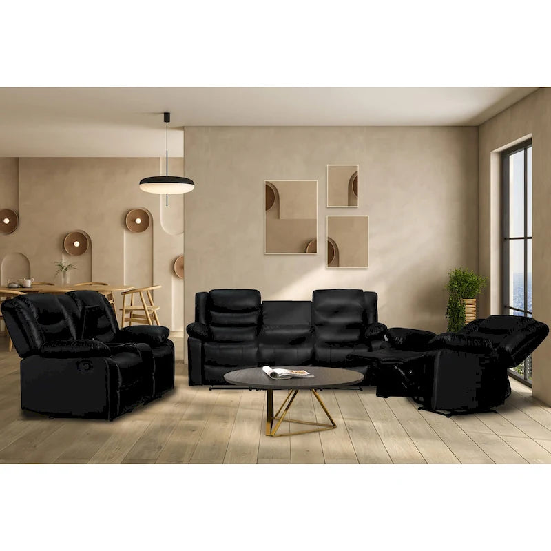Canapé inclinable manuel 3 places en similicuir pour salon avec table rabattable et console