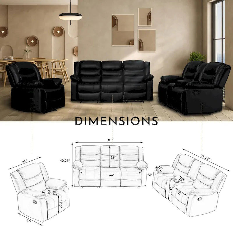 Canapé inclinable manuel 3 places en similicuir pour salon avec table rabattable et console
