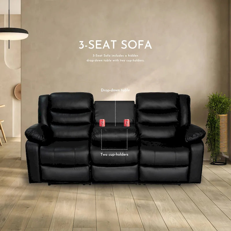 Canapé inclinable manuel 3 places en similicuir pour salon avec table rabattable et console