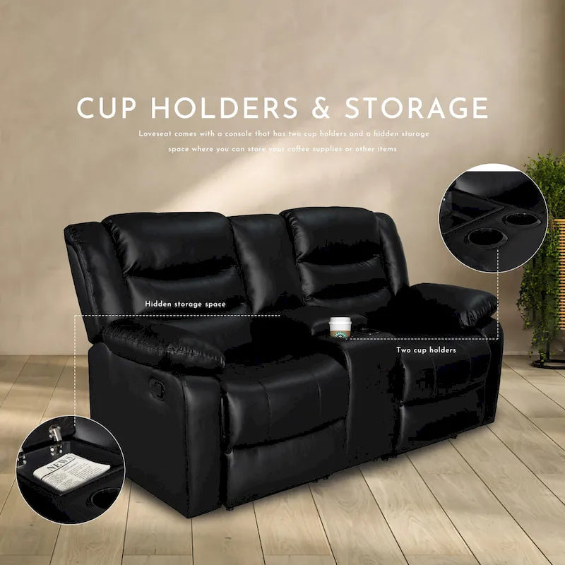 Canapé inclinable manuel 3 places en similicuir pour salon avec table rabattable et console