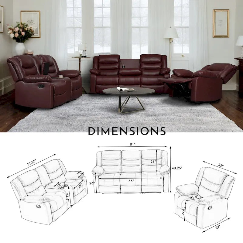 Canapé inclinable manuel 3 places en similicuir pour salon avec table rabattable et console
