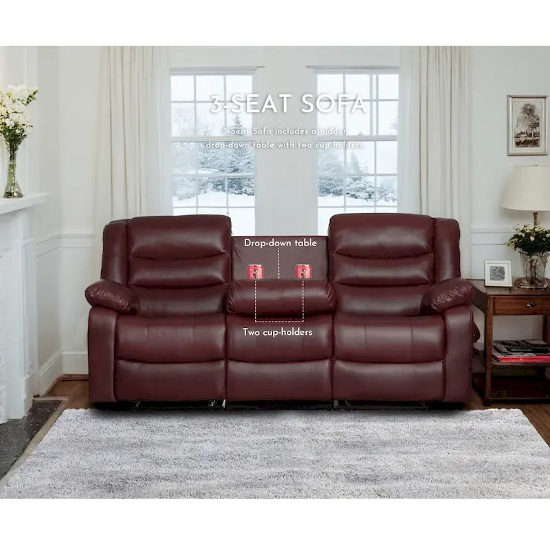 Canapé inclinable manuel 3 places en similicuir pour salon avec table rabattable et console
