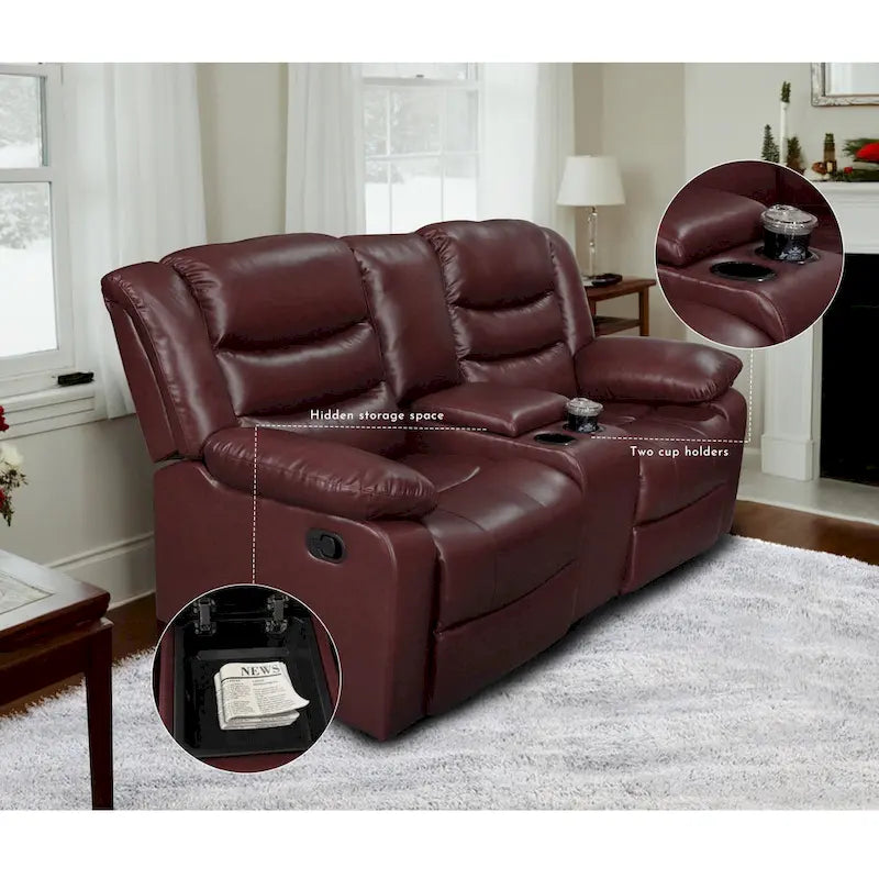 Canapé inclinable manuel 3 places en similicuir pour salon avec table rabattable et console