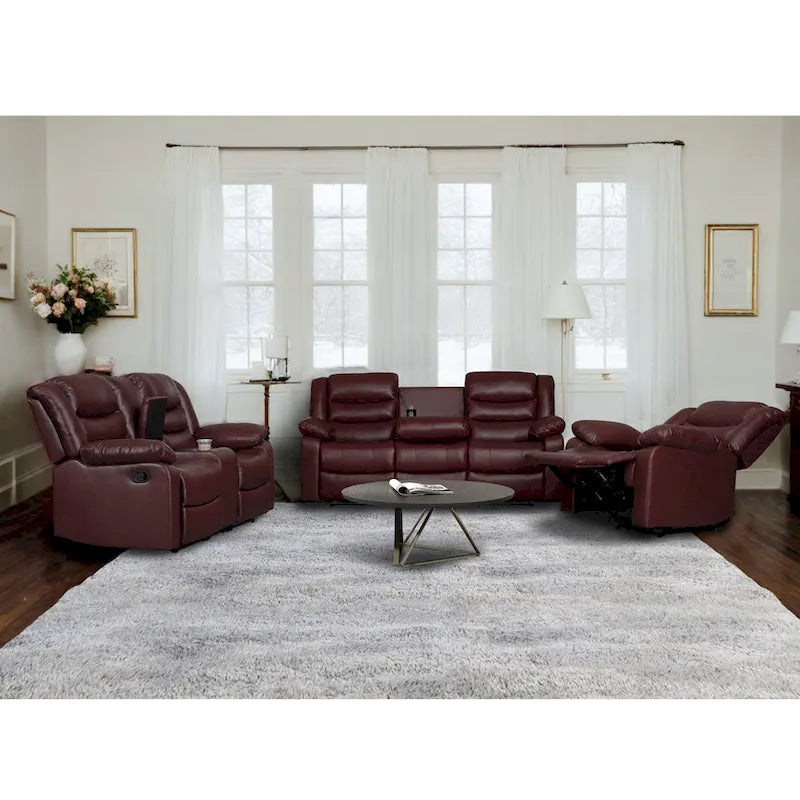 Canapé inclinable manuel 3 places en similicuir pour salon avec table rabattable et console