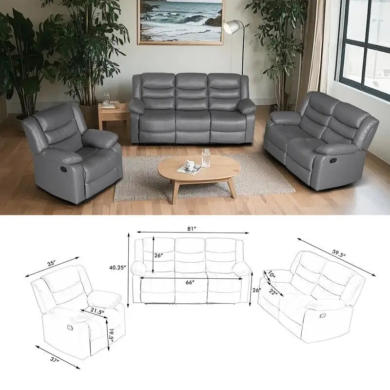Canapé inclinable manuel 3 places en similicuir pour salon avec table rabattable et console