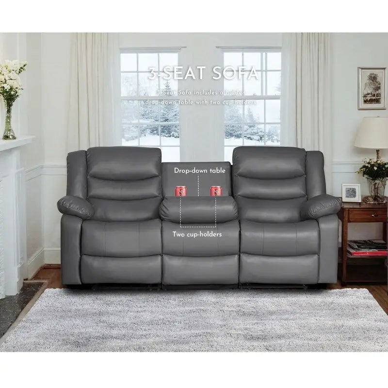 Canapé inclinable manuel 3 places en similicuir pour salon avec table rabattable et console