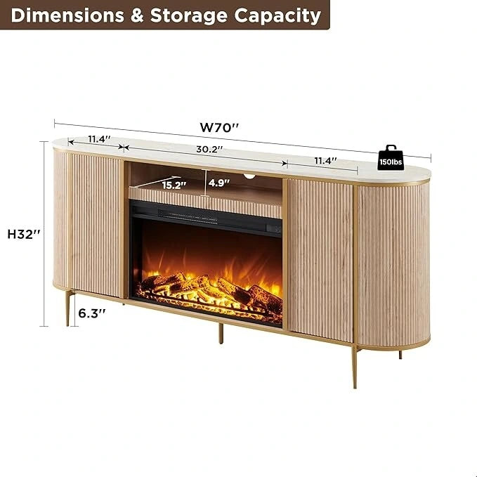 Meuble TV de luxe moderne avec cheminée électrique, meuble de divertissement, console TV, 70 po