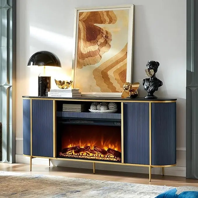 Meuble TV de luxe moderne avec cheminée électrique, meuble de divertissement, console TV, 70 po