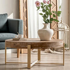 33,86Table basse ronde, moderne rétro, avec plateau en bois de sapin et piètement en croix doré