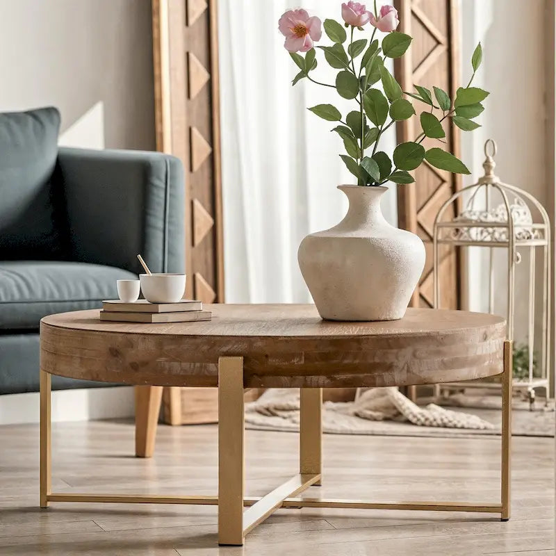 33,86Table basse ronde, moderne rétro, avec plateau en bois de sapin et piètement en croix doré
