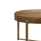 33,86Table basse ronde, moderne rétro, avec plateau en bois de sapin et piètement en croix doré