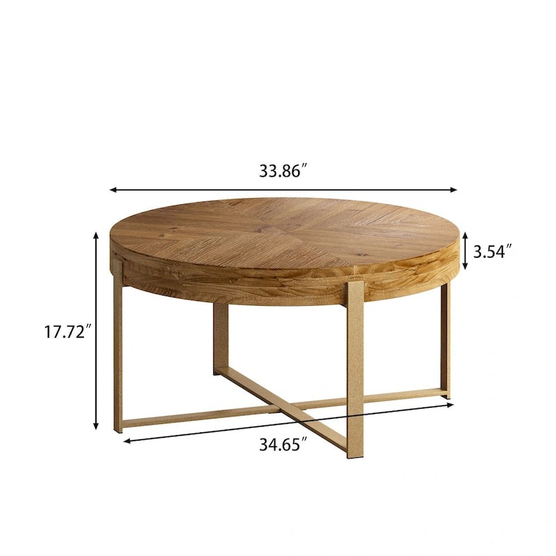 33,86Table basse ronde, moderne rétro, avec plateau en bois de sapin et piètement en croix doré