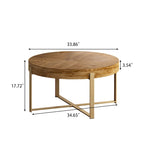 33,86Table basse ronde, moderne rétro, avec plateau en bois de sapin et piètement en croix doré