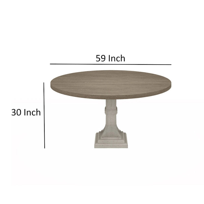 Table de salle à manger Sane de 59 pouces, plateau rond avec base piédestal, blanc, gris