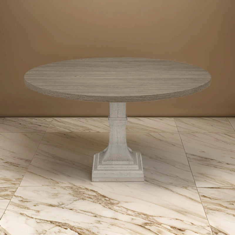 Table de salle à manger Sane de 59 pouces, plateau rond avec base piédestal, blanc, gris