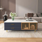 Table basse moderne avec 2 portes vitrées de rangement et 4 tiroirs