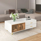 Table basse moderne avec 2 portes vitrées de rangement et 4 tiroirs